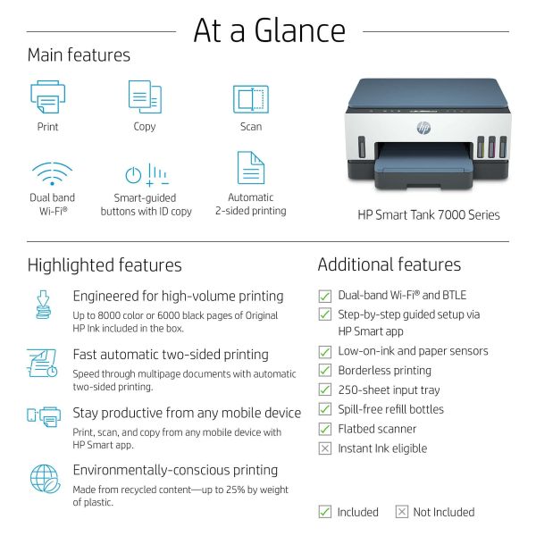 HP Smart Tank 7005 All-in-One, Printen, scannen, kopiëren, draadloos, Scans naar pdf (28B54A#BHC)