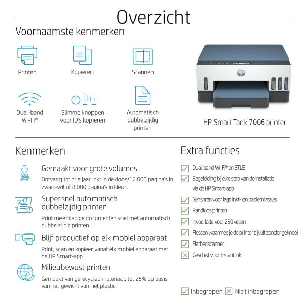 HP Smart Tank 7006 All-in-One, Printen, scannen, kopiëren, draadloos, Scans naar pdf (28B55A#BHC)