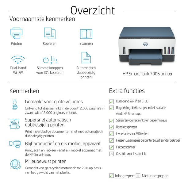 HP Smart Tank 7006 Draadloos All-in-One Kleur Printer, Dubbelzijdig printen; Kopieerapparaat, Scanner (28B55A#BHC) HP Smart Tank 7006 Draadloos All-in-One Kleur Printer, Dubbelzijdig printen; Kopieerapparaat, Scanner (28B55A#BHC)