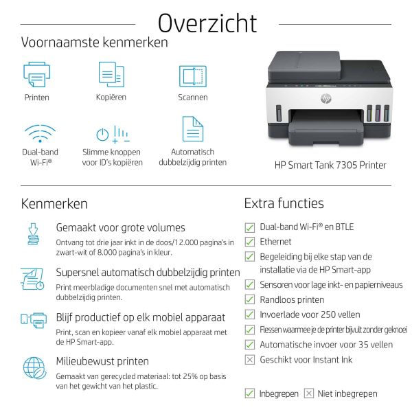 HP Smart Tank 7305 All-in-One, Printen, scannen, kopiëren, automatische documentinvoer, draadloos, Invoer voor 35 vel; Scans naar pdf; Dubbelzijdig printen (28B75A#BHC)