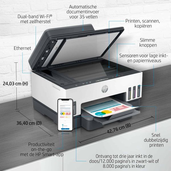 HP Smart Tank 7305 All-in-One, Printen, scannen, kopiëren, automatische documentinvoer, draadloos, Invoer voor 35 vel; Scans naar pdf; Dubbelzijdig printen (28B75A#BHC)