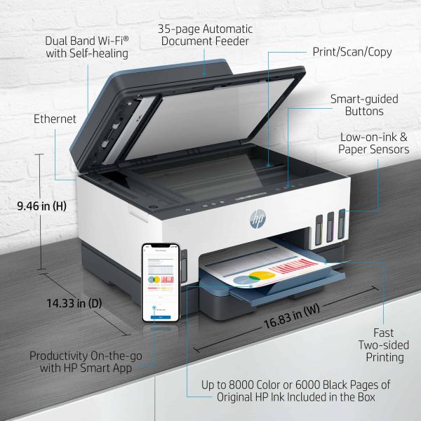 HP Smart Tank 7305 All-in-One, Printen, scannen, kopiëren, automatische documentinvoer, draadloos, Invoer voor 35 vel; Scans naar pdf; Dubbelzijdig printen (28B75A#BHC)