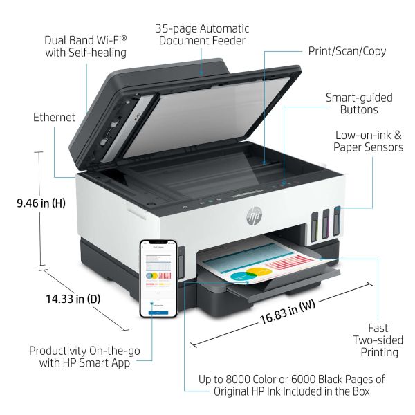 HP Smart Tank 7305 All-in-One, Printen, scannen, kopiëren, automatische documentinvoer, draadloos, Invoer voor 35 vel; Scans naar pdf; Dubbelzijdig printen (28B75A#BHC)