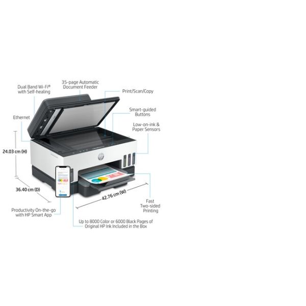 HP Smart Tank 7305 All-in-One, Printen, scannen, kopiëren, automatische documentinvoer, draadloos, Invoer voor 35 vel; Scans naar pdf; Dubbelzijdig printen (28B75A#BHC)