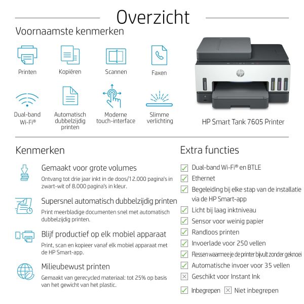 HP Smart Tank 7605 All-in-One, Printen, kopiëren, scannen, faxen, ADF en draadloos, Invoer voor 35 vel; Scans naar pdf; Dubbelzijdig printen (28C02A#BHC)