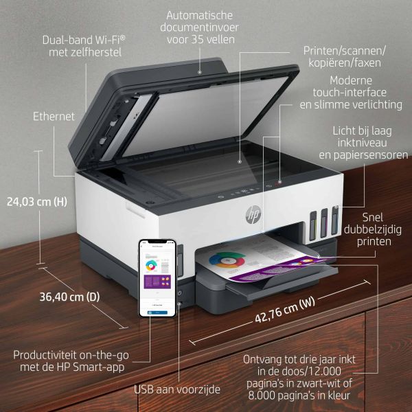 HP Smart Tank 7605 All-in-One, Printen, kopiëren, scannen, faxen, ADF en draadloos, Invoer voor 35 vel; Scans naar pdf; Dubbelzijdig printen (28C02A#BHC)