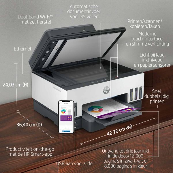 HP Smart Tank 7605 All-in-One, Printen, kopiëren, scannen, faxen, ADF en draadloos, Invoer voor 35 vel; Scans naar pdf; Dubbelzijdig printen (28C02A#BHC)