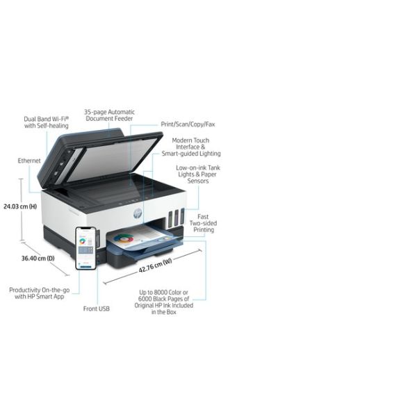 HP Smart Tank 7605 All-in-One, Printen, kopiëren, scannen, faxen, ADF en draadloos, Invoer voor 35 vel; Scans naar pdf; Dubbelzijdig printen (28C02A#BHC)