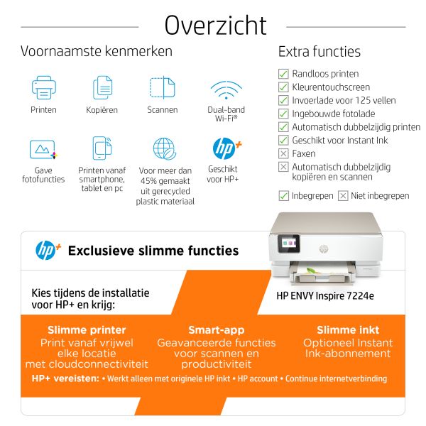 HP ENVY Inspire 7224e Draadloos All-in-One Kleur Printer, Instant Ink; Kopieerapparaat, scanner (349V2B#629)