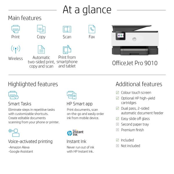 HP OfficeJet Pro 9010 All-in-One printer, Kleur, Printer voor Kleine en middelgrote ondernemingen, Printen, kopiëren, scannen, faxen, Automatische documentinvoer; Dubbelzijdig printen; Scannen naar e-mail (3UK83B#A80)