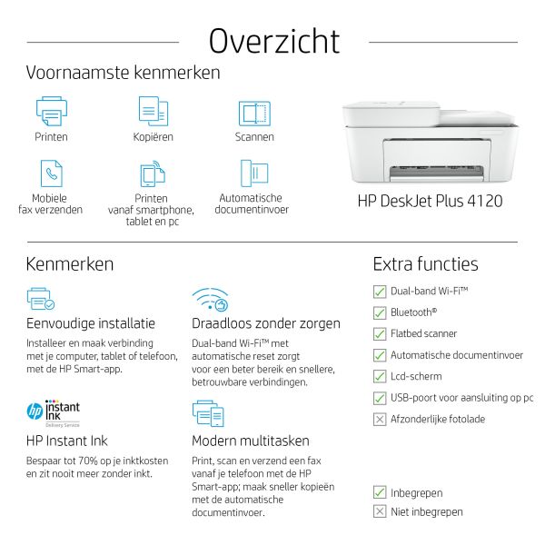 HP DeskJet Plus 4120 Draadloos All-in-One Kleur Printer, Instant Ink; Kopieerapparaat, scanner (3XV14B#629) HP DeskJet Plus 4120 Draadloos All-in-One Kleur Printer, Instant Ink; Kopieerapparaat, scanner (3XV14B#629)