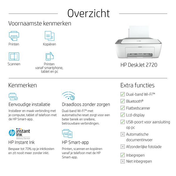HP DeskJet 2720 Draadloos All-in-One Kleur Printer, Instant Ink; Kopieerapparaat, scanner (3XV18B) HP DeskJet 2720 Draadloos All-in-One Kleur Printer, Instant Ink; Kopieerapparaat, scanner