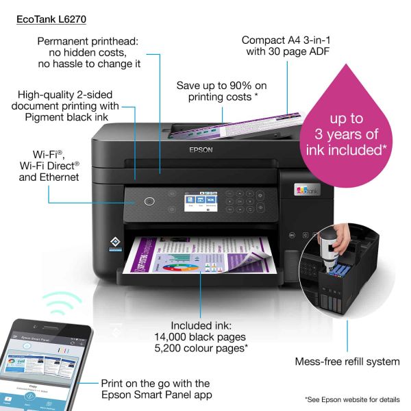 Epson L6270 Inkjet A4 4800 x 1200 DPI 33 ppm Wifi (C11CJ61403)