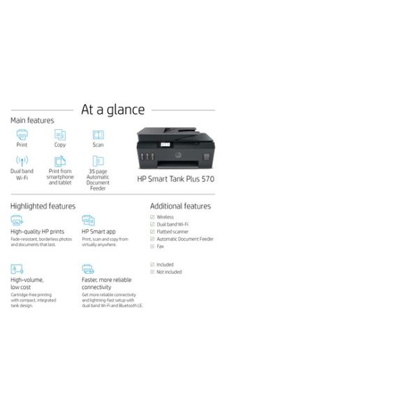 HP Smart Tank Plus 570 draadloze All-in-One, Printen, scannen, kopiëren, automatische documentinvoer, draadloos, Scans naar pdf (5HX14A#BHC)