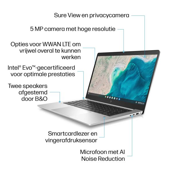 HP Elite c640 G3 i5-1245U Chromebook 35,6 cm (14") Touchscreen Full HD Intel® Core™ i5 8 GB LPDDR4x-SDRAM 256 GB SSD Wi-Fi 6 (802.11ax) ChromeOS Zilver (5Q7L4EA#ABH)