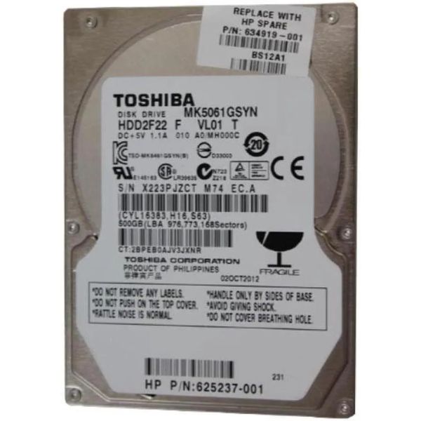 HP Toshiba MK5061GSYN 500GB SATA 7200RPM Hard Drive (634919-001)
