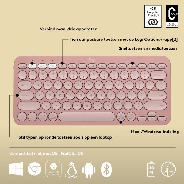 Logitech Pebble Keys 2 K380s toetsenbord RF-draadloos + Bluetooth QWERTY US International Roze (920-011853)