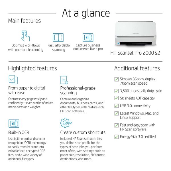 HP Scanjet Pro 2000 s2 Sheet-feed Scanner Paginascanner 600 x 600 DPI A4 Zwart, Wit (6FW06A)