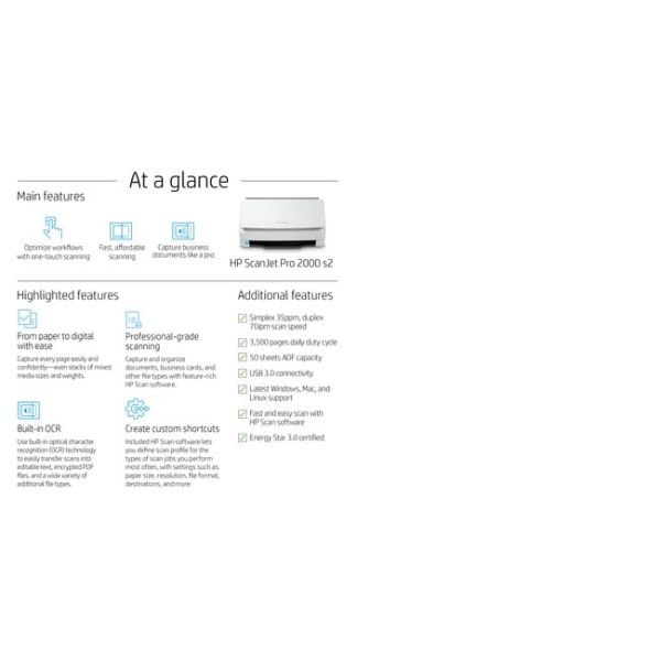 HP Scanjet Pro 2000 s2 Sheet-feed Scanner Paginascanner 600 x 600 DPI A4 Zwart, Wit (6FW06A)