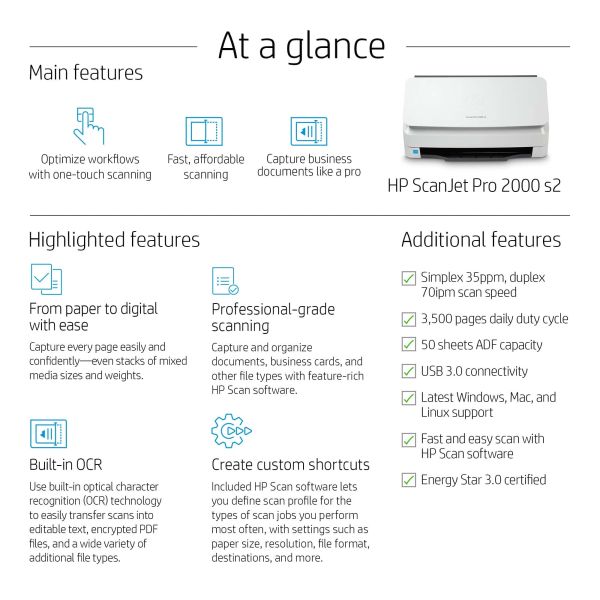 HP Scanjet Pro 2000 s2 Sheet-feed Scanner Paginascanner 600 x 600 DPI A4 Zwart, Wit (6FW06A)