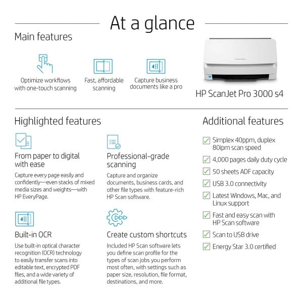 HP Scanjet Pro 3000 s4 Paginascanner 600 x 600 DPI A4 Zwart, Wit (6FW07A)