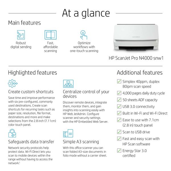 HP Scanjet Pro N4000 snw1 Sheet-feed Scanner Paginascanner 600 x 600 DPI A4 Zwart, Wit (6FW08A)