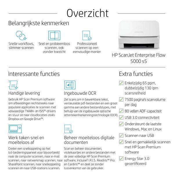 HP Scanjet Enterprise Flow 5000 s5 Paginascanner 600 x 600 DPI A4 Wit (6FW09A)