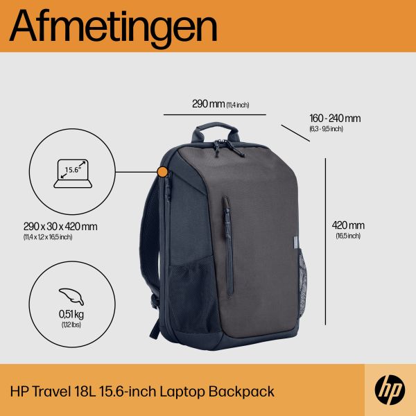 HP Travel 15,6 Laptop Backpack, 18 liter, Iron Grey (6H2D9AA)