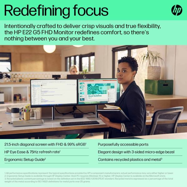 HP E-Series E22 G5 54,6 cm (21.5") 1920 x 1080 Pixels Full HD LED Zwart, Zilver (6N4E8AA#ABB)