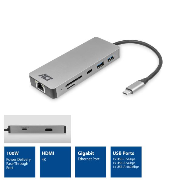 ACT USB-C 4K docking station voor 1 HDMI monitor, ethernet, USB-C, USB-A, cardreader en PD pass-through (AC7092)
