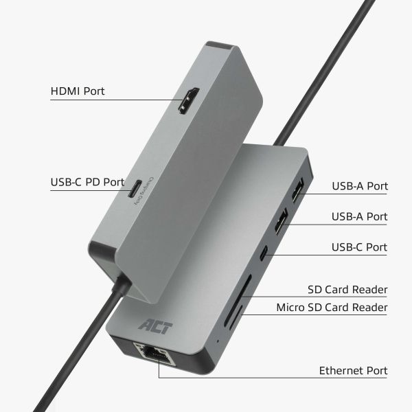 ACT USB-C 4K docking station voor 1 HDMI monitor, ethernet, USB-C, USB-A, cardreader en PD pass-through (AC7092)