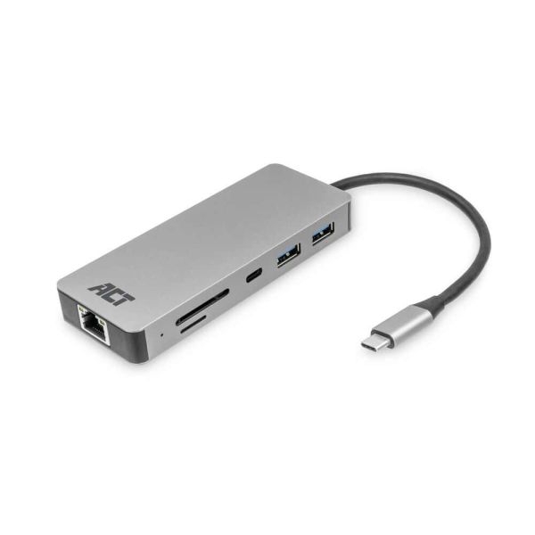 ACT USB-C 4K docking station voor 1 HDMI monitor, ethernet, USB-C, USB-A, cardreader en PD pass-through (AC7092)
