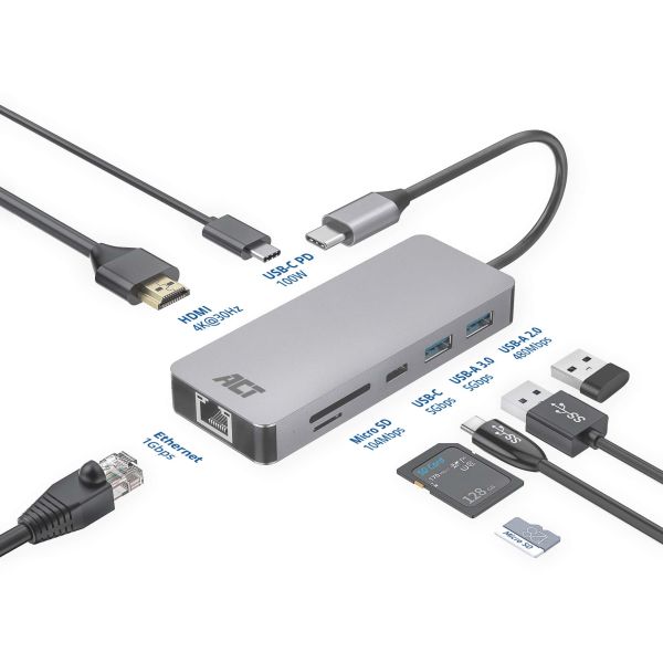 ACT USB-C 4K docking station voor 1 HDMI monitor, ethernet, USB-C, USB-A, cardreader en PD pass-through (AC7092)