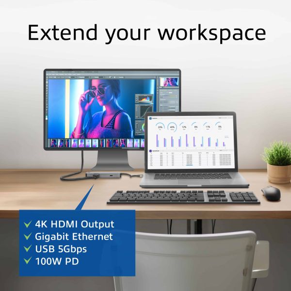 ACT USB-C 4K docking station voor 1 HDMI monitor, ethernet, USB-C, USB-A, cardreader en PD pass-through (AC7092)