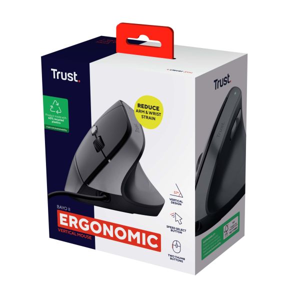 Trust Bayo II Ergonomische bedrade muis – ergonomische muis – rechtshandige muis – USB Type‑A aansluiting – Zwart (25144)