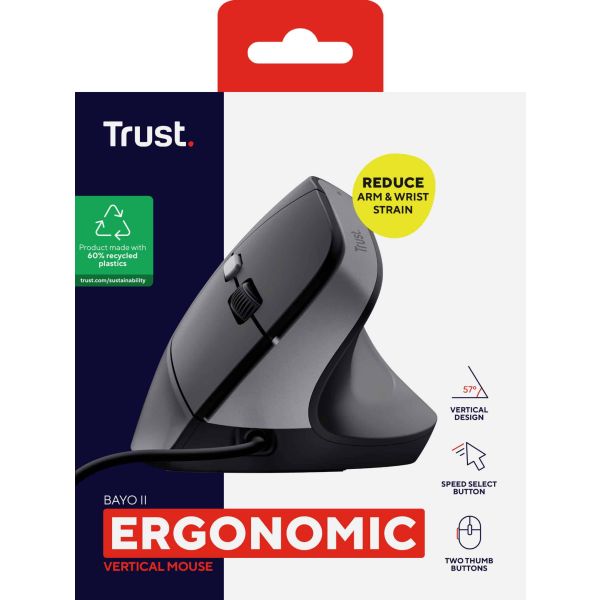 Trust Bayo II Ergonomische bedrade muis – ergonomische muis – rechtshandige muis – USB Type‑A aansluiting – Zwart (25144)