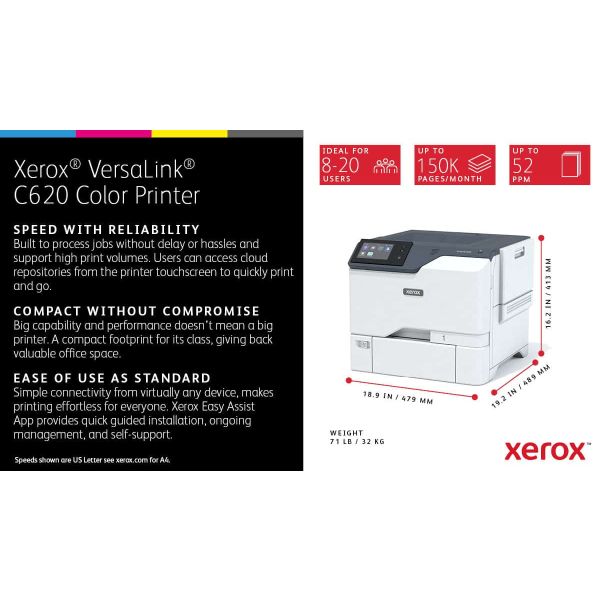 Xerox VersaLink C620 A4 50 ppm tosidig skriver PS3 PCL5e/6 2 skuffer 650 ark (C620V_DN)