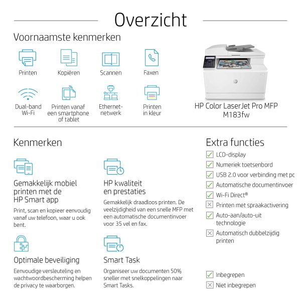 HP Color LaserJet Pro MFP M183fw, Printen, kopiëren, scannen, faxen, Automatische documentinvoer voor 35 vel; Energiezuinig; Optimale beveiliging; Dual-band Wi-Fi (7KW56A)