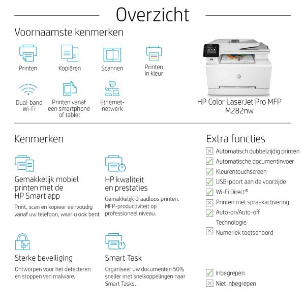 HP Color LaserJet Pro MFP M282nw, Printen, kopiëren, scannen, Printen via USB-poort aan voorzijde; Scannen naar e-mail; ADF voor 50 vel ongekruld (7KW72A)