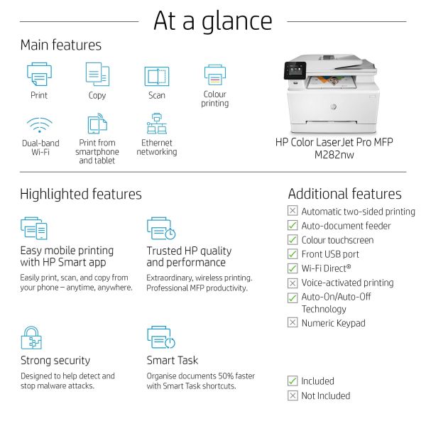 HP Color LaserJet Pro MFP M282nw, Printen, kopiëren, scannen, Printen via USB-poort aan voorzijde; Scannen naar e-mail; ADF voor 50 vel ongekruld (7KW72A)
