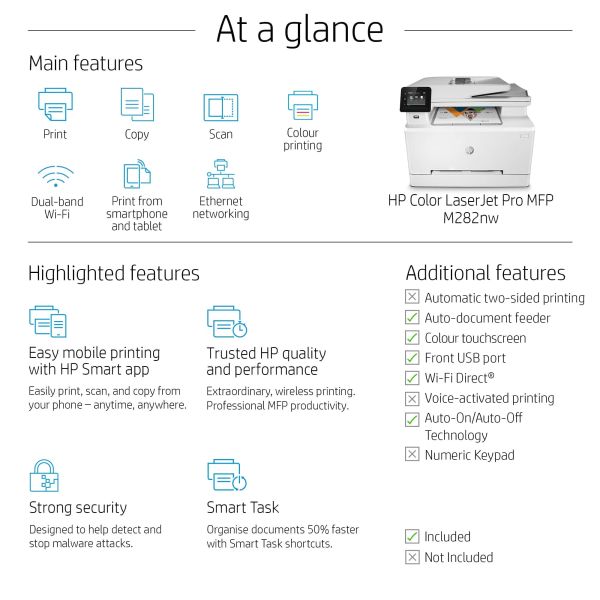 HP Color LaserJet Pro MFP M282nw, Printen, kopiëren, scannen, Printen via USB-poort aan voorzijde; Scannen naar e-mail; ADF voor 50 vel ongekruld (7KW72A)
