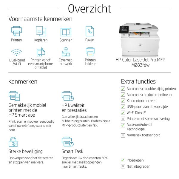 HP Color LaserJet Pro MFP M283fdw, Kleur, Printer voor Printen, kopiëren, scannen, faxen, Printen via USB-poort aan voorzijde; Scannen naar e-mail; Dubbelzijdig printen; ADF voor 50 vel ongekruld (7KW75A)