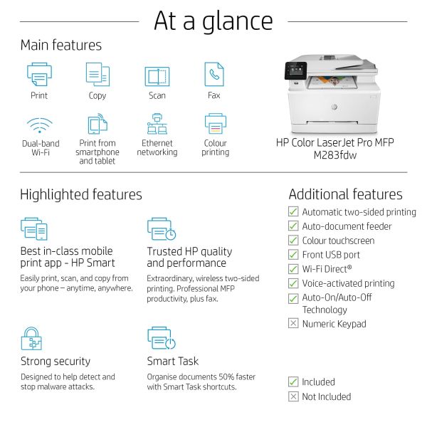 HP Color LaserJet Pro MFP M283fdw, Kleur, Printer voor Printen, kopiëren, scannen, faxen, Printen via USB-poort aan voorzijde; Scannen naar e-mail; Dubbelzijdig printen; ADF voor 50 vel ongekruld (7KW75A)