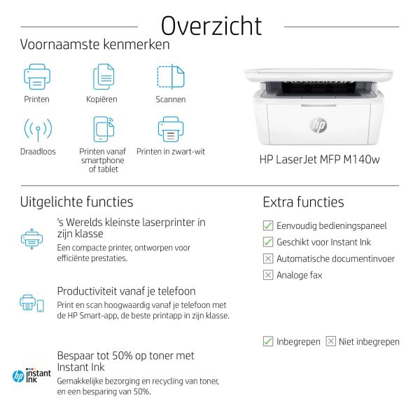 HP LaserJet MFP M140w printer, Zwart-wit, Printer voor Kleine kantoren, Printen, kopiëren, scannen, Scannen naar e-mail; Scannen naar pdf; Compact formaat (7MD72F)