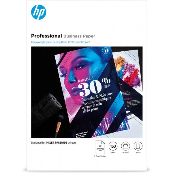 HP Professional Business Paper, Glossy, 180 g/m2, A3 (297 x 420 mm), 150 sheets (7MV84A) HP Professional Business Paper, Glossy, 180 g/m2, A3 (297 x 420 mm), 150 sheets (7MV84A)