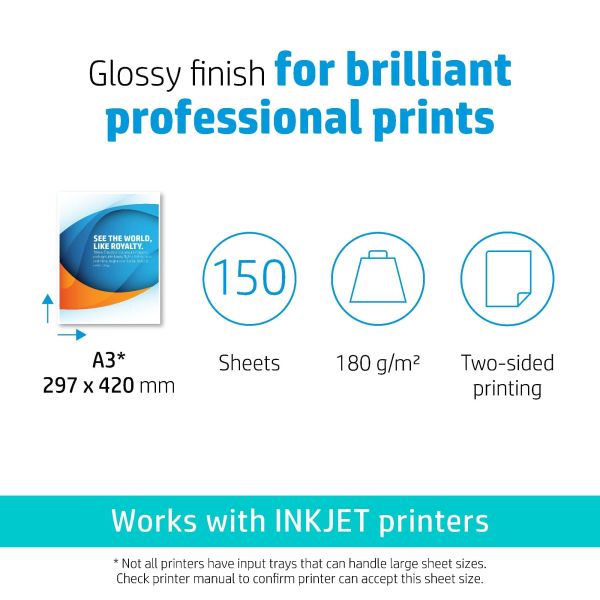 HP Professional Business Paper, Glossy, 180 g/m2, A3 (297 x 420 mm), 150 sheets (7MV84A)