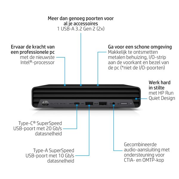 HP Elite 800 G9 Intel® Core™ i5 i5-13500 16 GB DDR5-SDRAM 256 GB SSD Windows 11 Pro Mini PC Zwart (622R1ET#ABH)