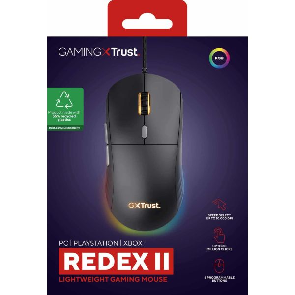 Trust GXT 925 Redex II Gaming Muis - Bedrade gamingmuis – 6 programmeerbare knoppen – 10000 DPI – Zwart (25125)
