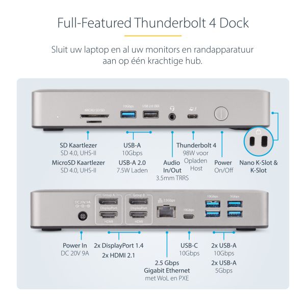 StarTech.com Universeel USB4 &amp; Thunderbolt 4 Docking Station, Quad Display op Windows, Dual Display op MacBook, HDMI DP Dock met 100W Laptop Charging (132UE-TB4USB4DOCK)