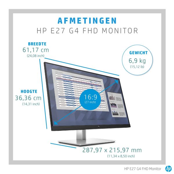 HP E-Series E27 G4 68,6 cm (27") 1920 x 1080 Pixels Full HD LED Zwart (9VG71AA#ABB)